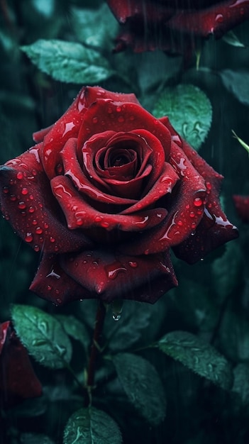 C'è una rosa rossa con gocce d'acqua su di essa generativa ai