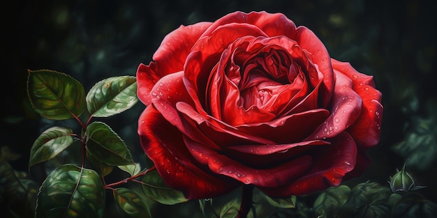 C'è una rosa rossa con gocce d'acqua su di essa generativa ai