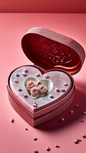 c'è una scatola a forma di cuore con una decorazione a forma di rosa generativa ai