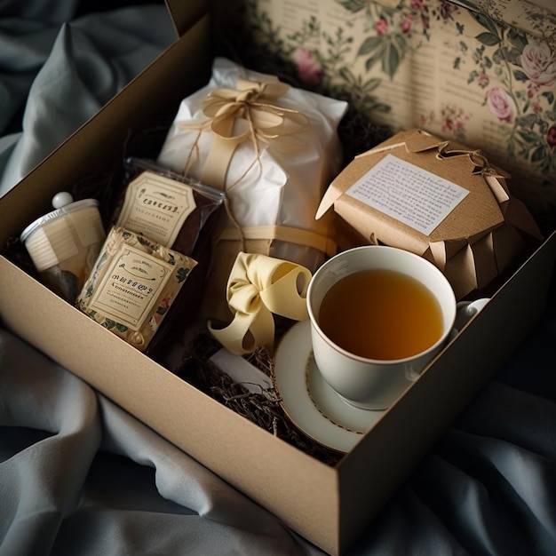 c'è una scatola con una tazza di tè e una confezione di saponi generativi ai