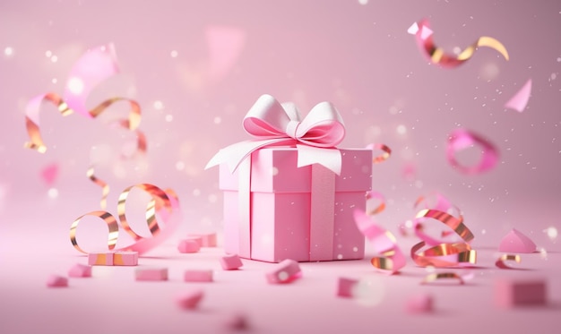 C'è una scatola regalo rosa con un fiocco e stelle filanti di coriandoli generativi ai