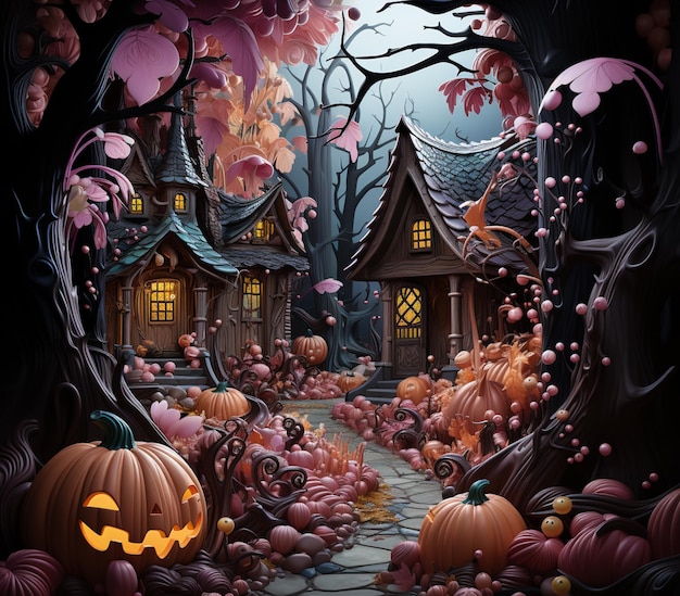 C'è una scena di Halloween con zucche e una casa generativa ai