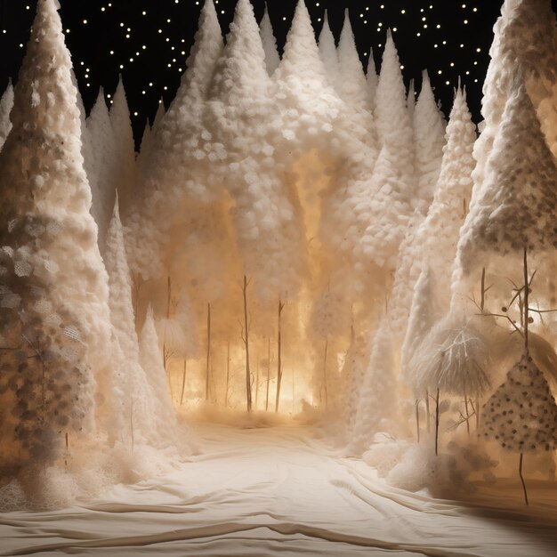 c'è una scena di neve con un sacco di alberi e luci generative ai