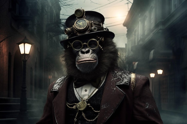 C'è una scimmia vestita con un abito steampunk e un cappello generativo ai