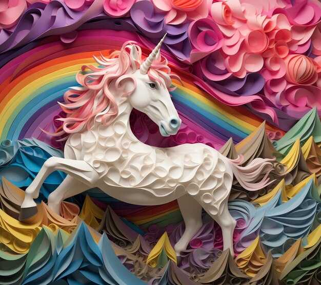 c'è una scultura di carta di un unicorno su uno sfondo arcobaleno generativo ai