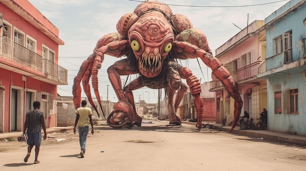 C'è una scultura di ragno gigante per strada in una città generativa ai