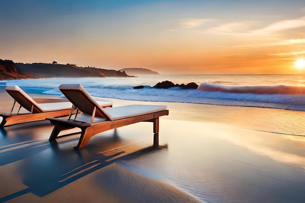 C'è una sedia da spiaggia sulla spiaggia e il sole sta tramontando.
