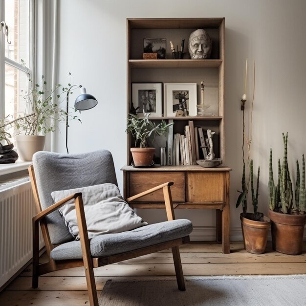 c'è una sedia in una stanza con uno scaffale per libri e un'ai per la generazione di piante