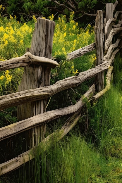 C'è una staccionata di legno che si trova nell'erba vicino ai fiori generativi ai