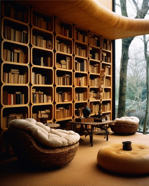 c'è una stanza con molti libri sugli scaffali ai generativi