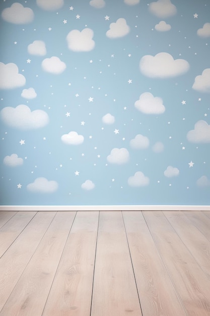 c'è una stanza con un pavimento di legno e una parete con nuvole e stelle generativo ai
