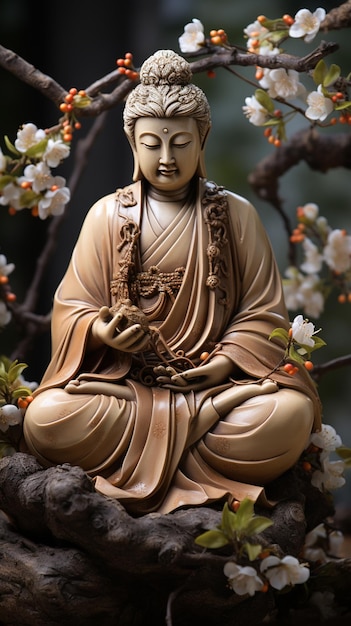c'è una statua di un Buddha seduto su una roccia generativa ai