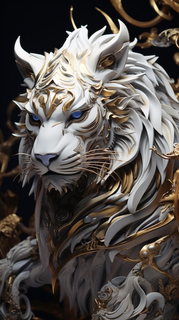 c'è una statua di una tigre con una decorazione in oro e bianco generatrice ai