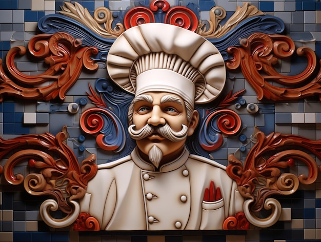 c'è una statua di uno chef con i baffi e i baffi generativi ai