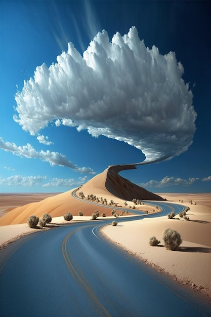 C'è una strada che attraversa il deserto con una grande nuvola nel cielo generativo ai