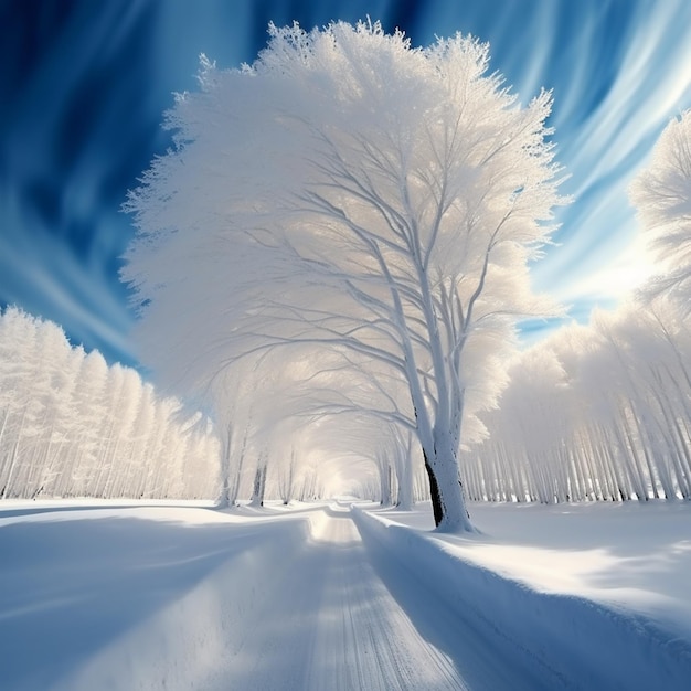 C'è una strada coperta di neve fiancheggiata da alberi immagine fotografica Ai generata arte
