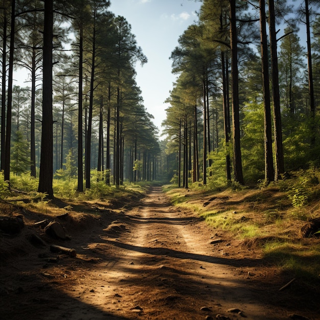 c'è una strada sterrata che è circondata da alberi generativi ai