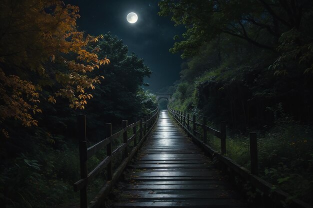 C'è una strada stretta e un ponte nella foresta di Pinas, nella notte nera e oscura c'è il verde scuro e il chiaro di luna