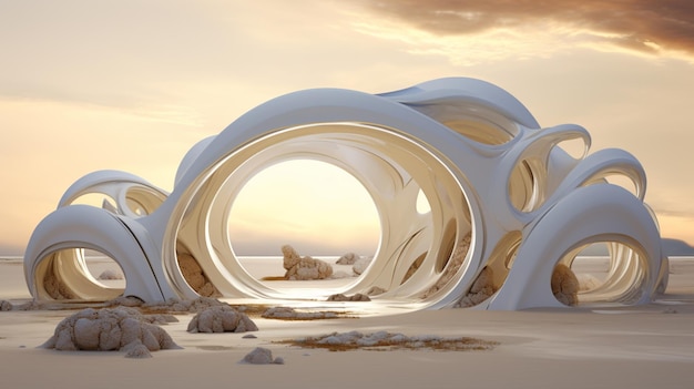 c'è una struttura bianca con un disegno a spirale sulla spiaggia ai generativa