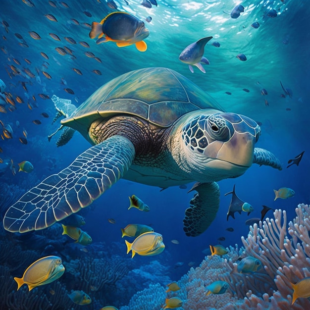 c'è una tartaruga che nuota nell'oceano con molti pesci ai generati