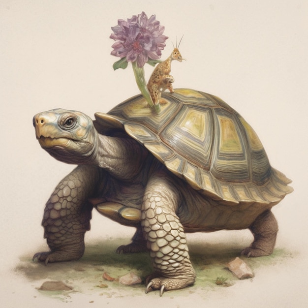 C'è una tartaruga con un fiore sulla schiena generativa ai