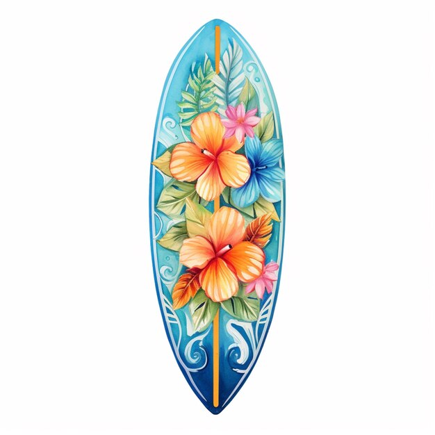 c'è una tavola da surf con un dipinto di fiori su di essa generativo ai