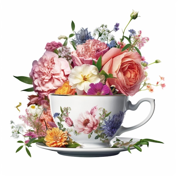 C'è una tazza con dei fiori su un piatto generativo ai