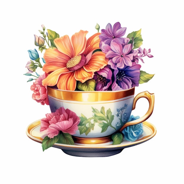 c'è una tazza con fiori dentro su un piattino generativo ai