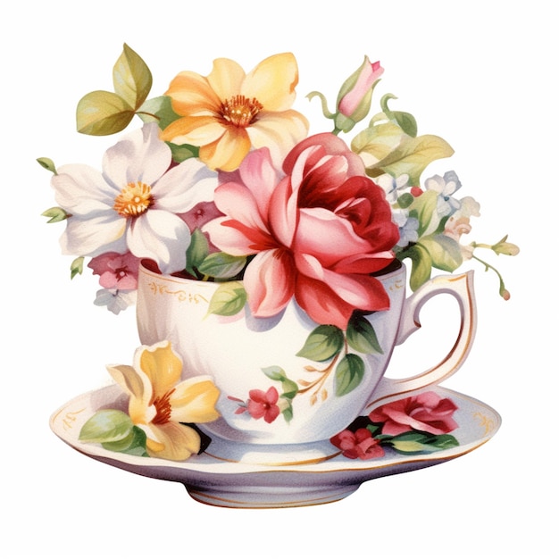 c'è una tazza con fiori dentro su un piattino generativo ai