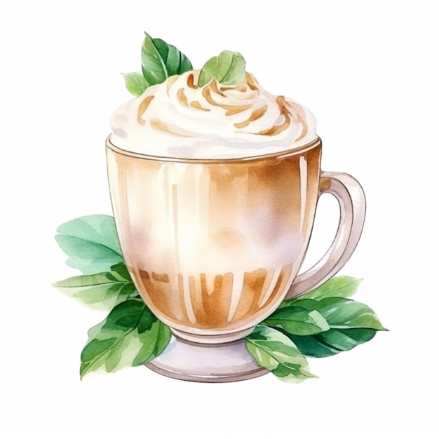 C'è una tazza di caffè con panna montata e foglie verdi generative ai