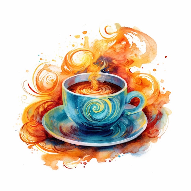 C'è una tazza di caffè con un piattino swirly su di esso generativo ai