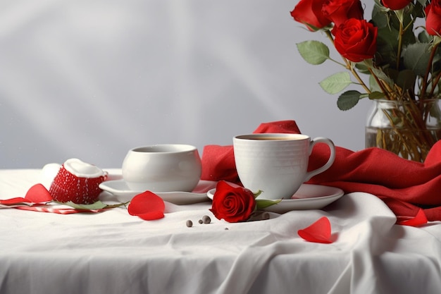 c'è una tazza di caffè e un piatto con rose su un tavolo ai generativo