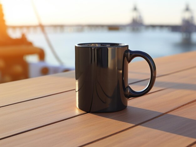 c'è una tazza di caffè nera seduta su un tavolo di legno generativo ai