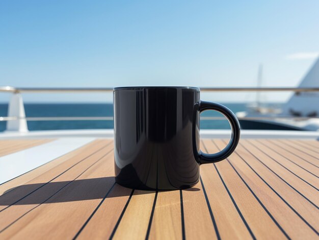 c'è una tazza di caffè nera seduta su un tavolo di legno generativo ai