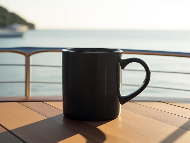 c'è una tazza di caffè nera seduta su un tavolo su un balcone generativo ai