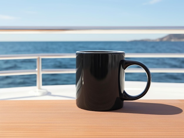 c'è una tazza di caffè nera seduta su un tavolo su una barca generativa ai