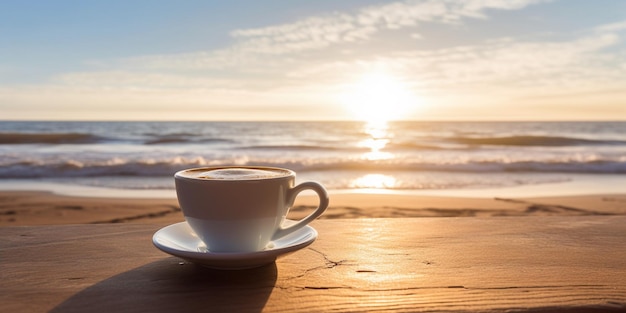 C'è una tazza di caffè su un tavolo sulla spiaggia generativa ai