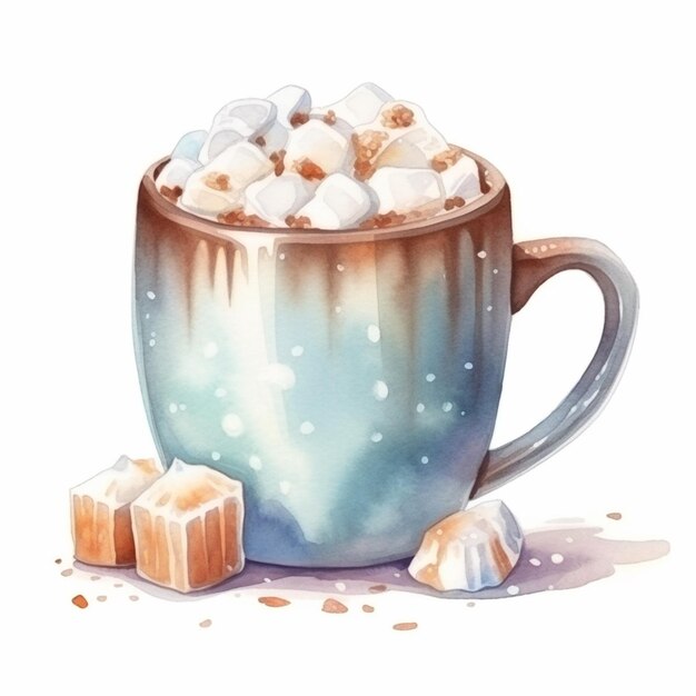 C'è una tazza di cioccolato caldo con marshmallow su di esso generativo ai