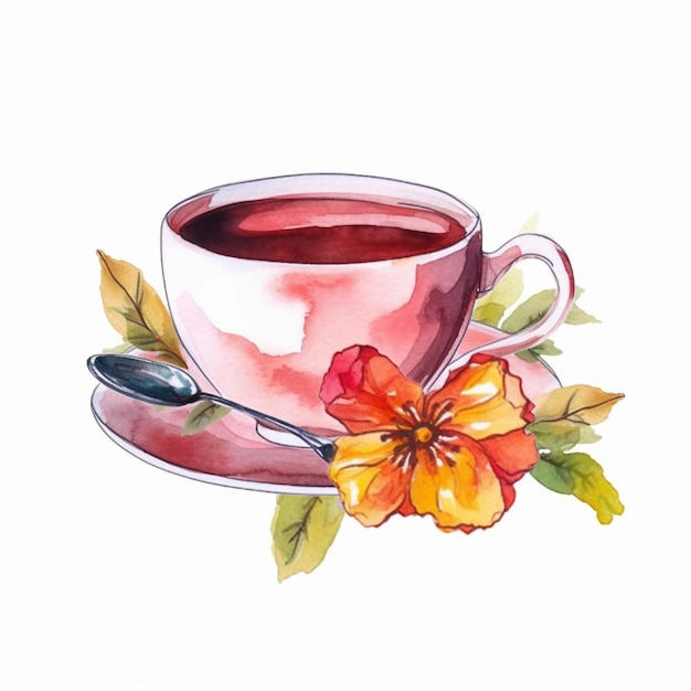 C'è una tazza di tè con un cucchiaio e fiori su di essa generativa ai