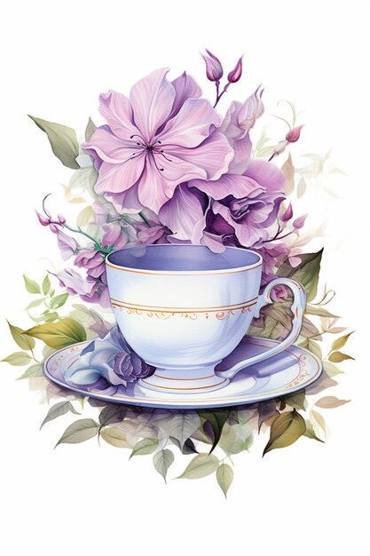 c'è una tazza e un piattino con dei fiori sopra ai generativi