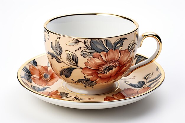 C'è una tazza e un piatto con un disegno floreale su di esso.