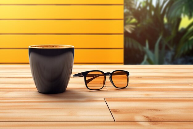 C'è una tazza e una caffettiera sul tavolo accanto ai bicchieri in una stanza accogliente e luminosa