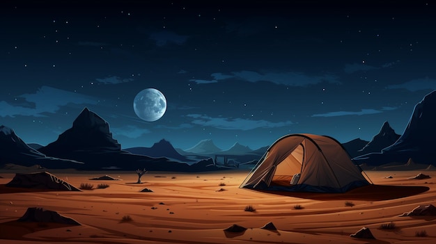 C'è una tenda nel deserto con una luna piena nel cielo generativo ai