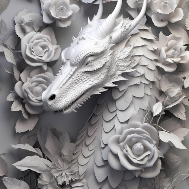 c'è una testa di drago bianco con fiori sul muro generativo ai