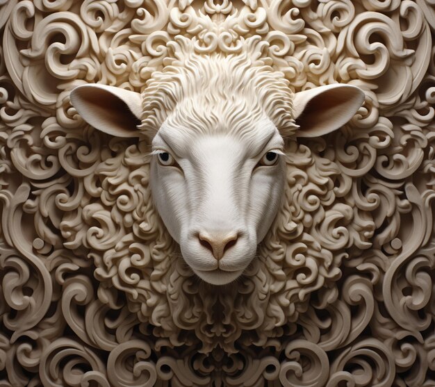 c'è una testa di pecora su un muro con molti disegni swirly generati dall'intelligenza artificiale