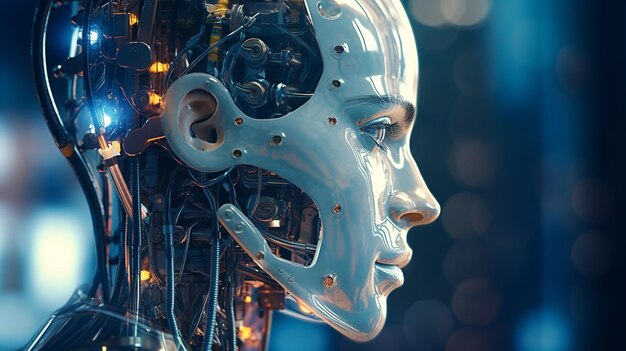 c'è una testa di robot con una faccia luminosa e un corpo metallico che genera l'intelligenza artificiale