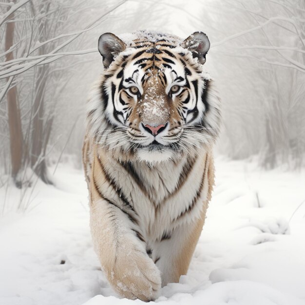 C'è una tigre che cammina nella neve nel bosco.