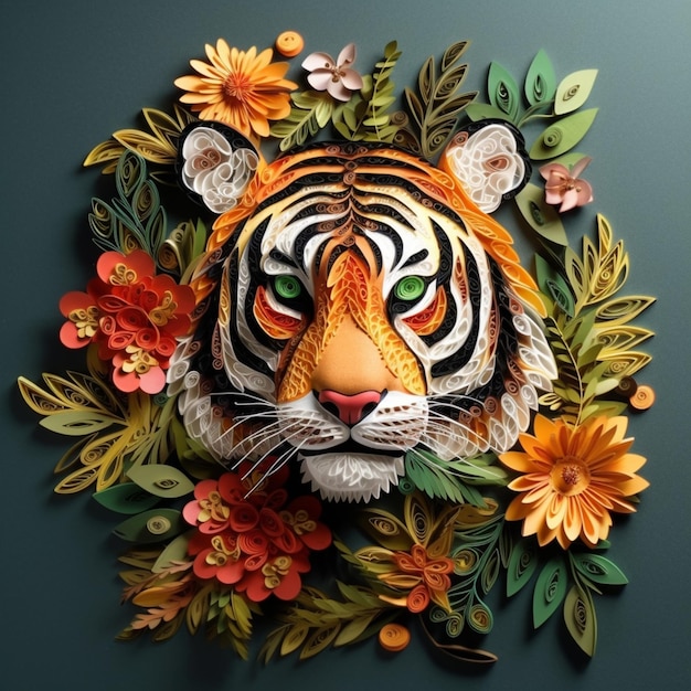 C'è una tigre tagliata di carta con fiori intorno ad essa generativa ai