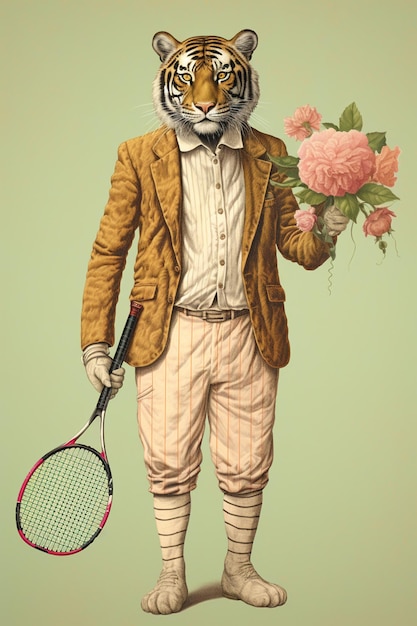 C'è una tigre vestita con un abito che tiene una racchetta da tennis.