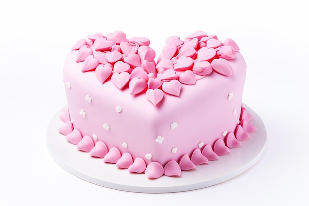 C'è una torta a forma di cuore rosa con cuori su di essa generativa ai